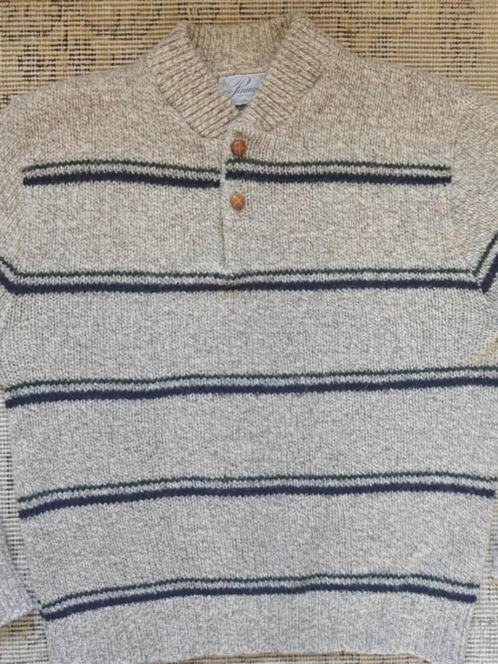 Pinnacle Men's Beige Wool Blend Sweater w/ Navy & Green Stripes - Size L